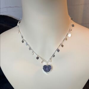 Amethyst Druzy Heart Necklace in Silvertone 17.50ctw